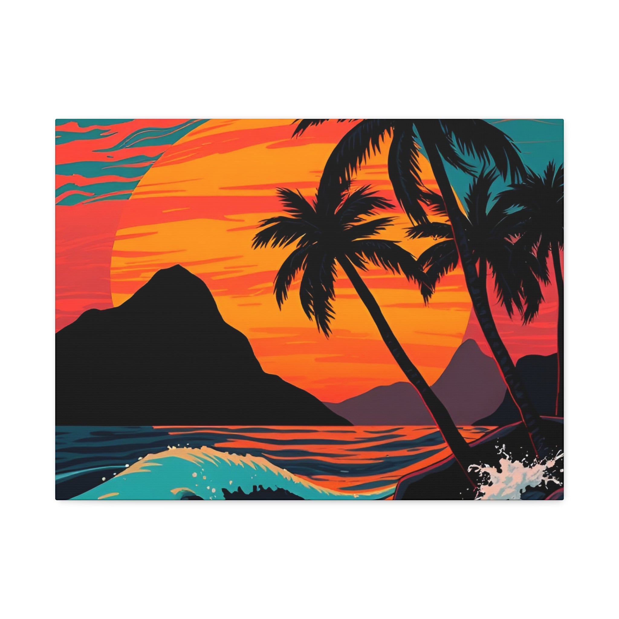 Tropical Sunset Canvas Wall Art — Palm Trees and Ocean Waves Stretched Canvas