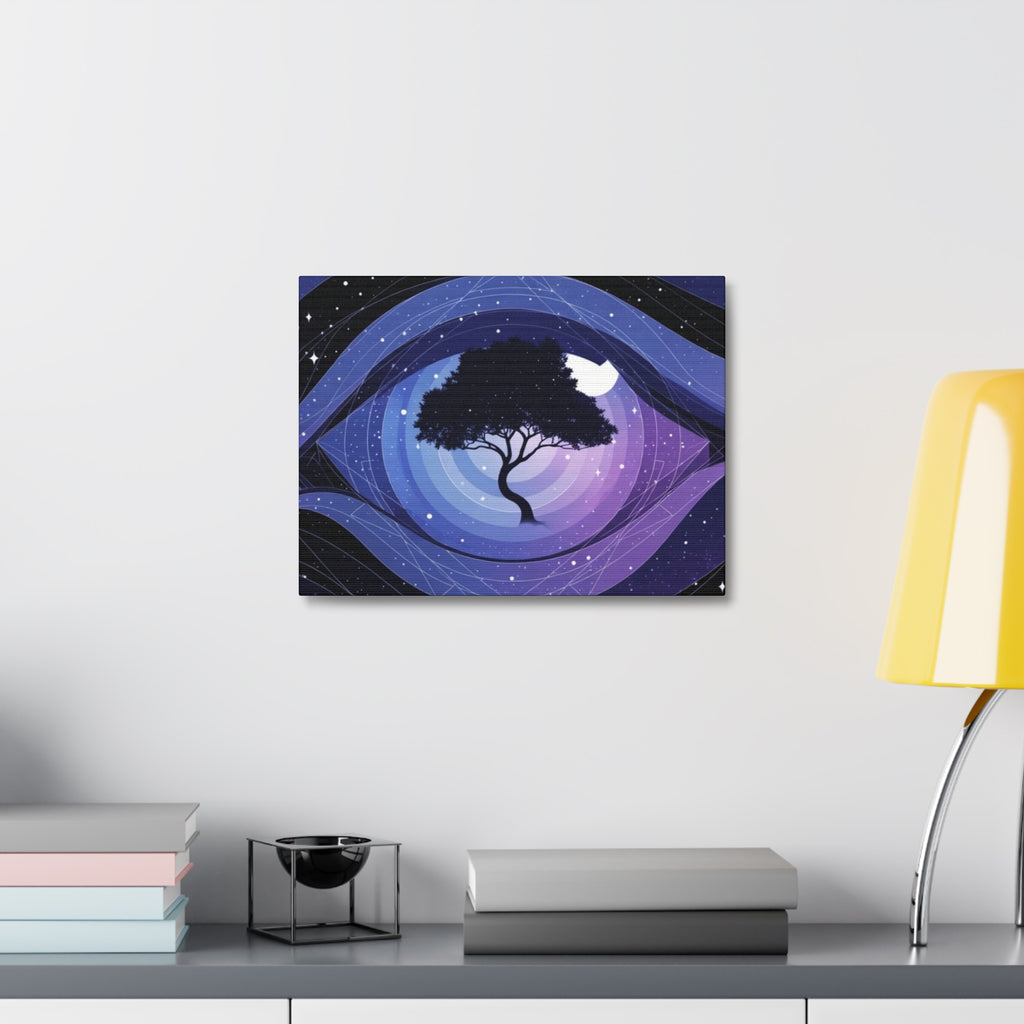 Night Tree Stretched Canvas Wall Art — Mystical Purple Galaxy Eye Design