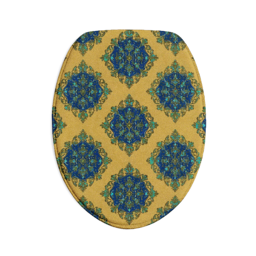 Bathroom Rug Set – Blue & Gold Moroccan Tile 3-Piece Toilet Bath Mat Set