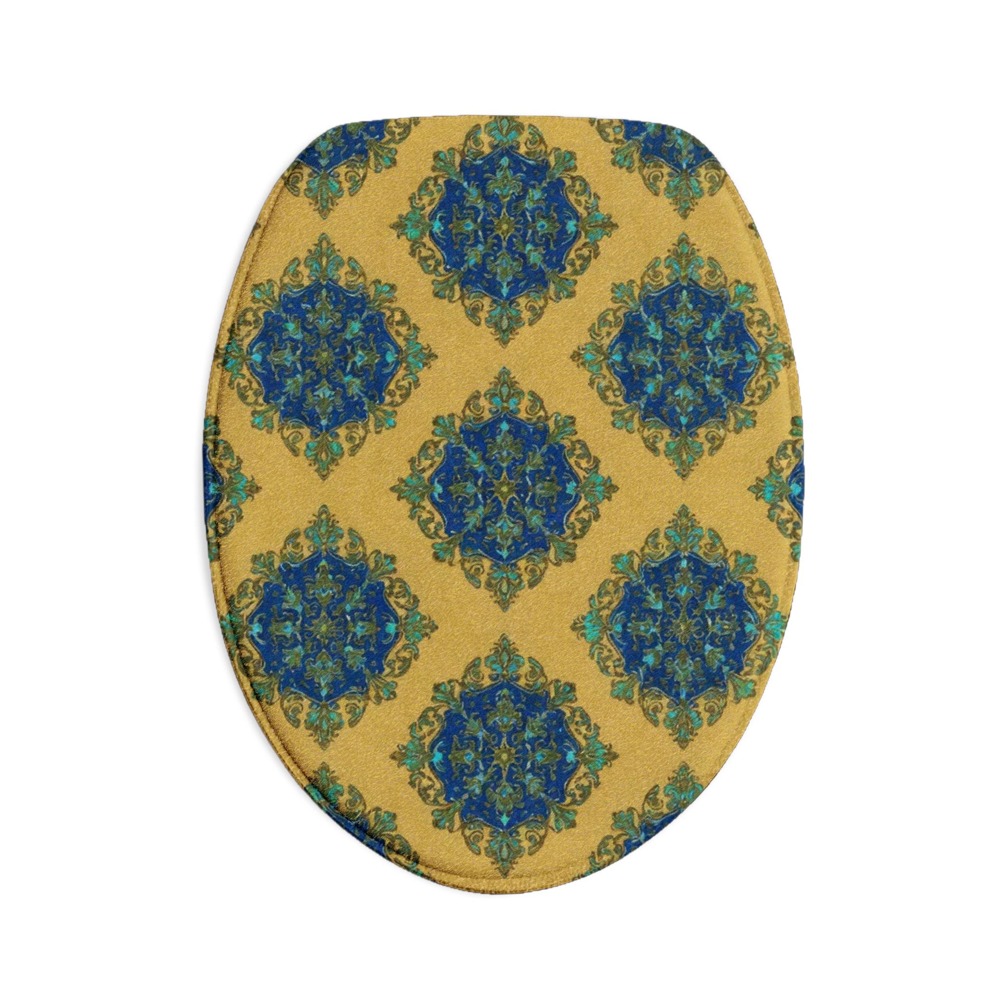 Bathroom Rug Set – Blue & Gold Moroccan Tile 3-Piece Toilet Bath Mat Set
