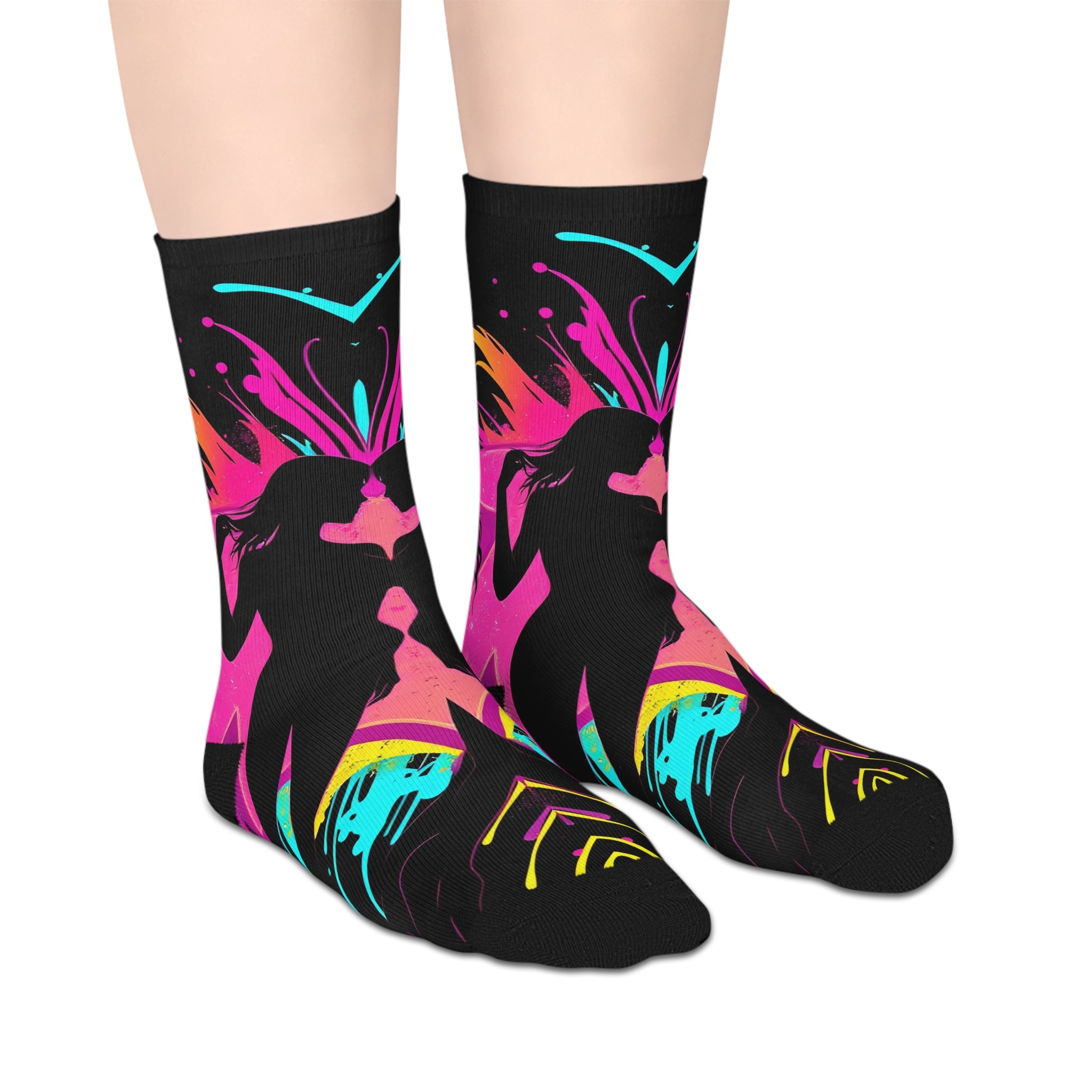 Neon Butterfly Silhouette Mid-Calf Socks — Vibrant Pink & Teal Psychedelic Pattern