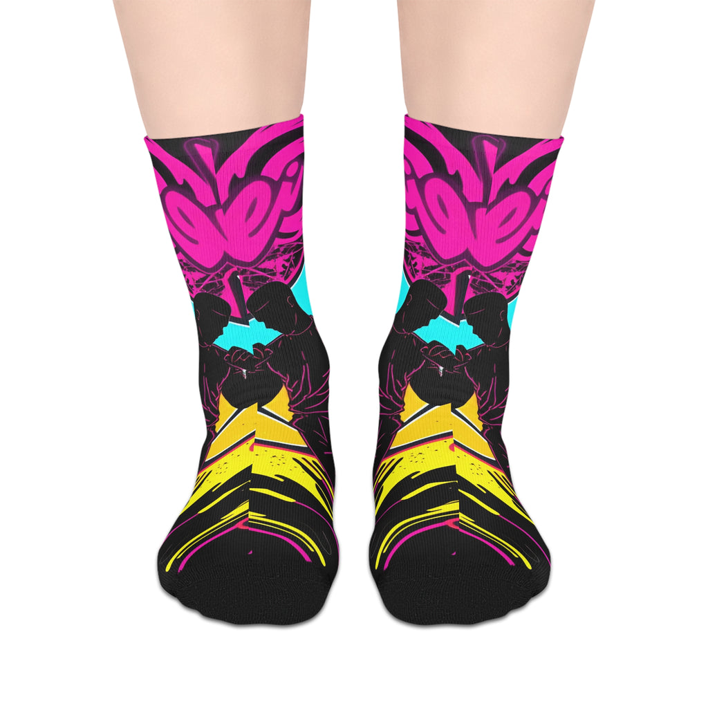 Vibrant Neon Tribal Mid-Length Socks — Bold Pink, Aqua & Yellow Graphic Design