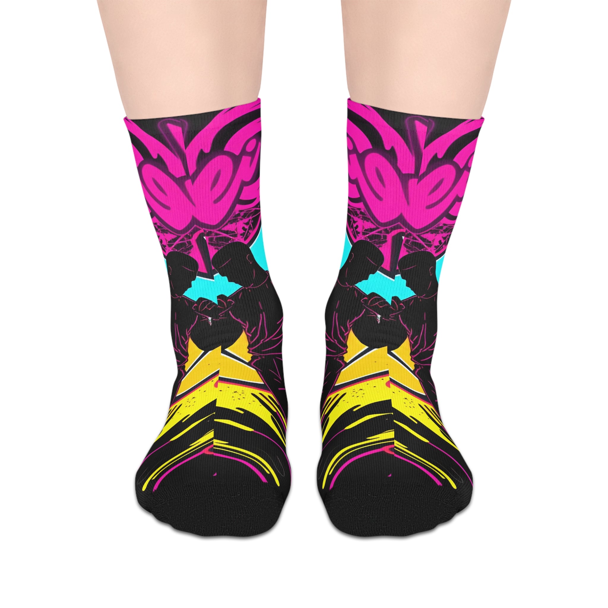 Vibrant Neon Tribal Mid-Length Socks — Bold Pink, Aqua & Yellow Graphic Design