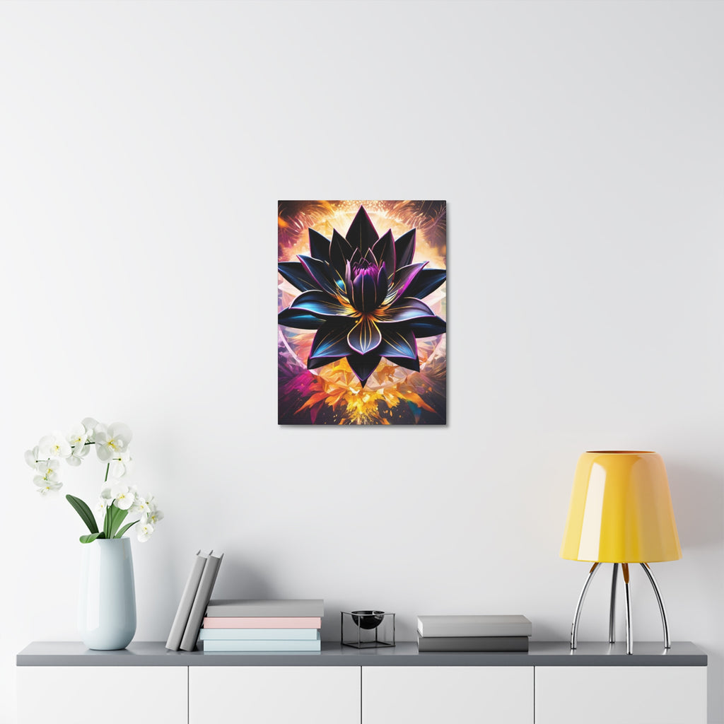 Black Lotus Bloom Canvas Wall Art - Vibrant Black & Gold Floral Stretched Canvas