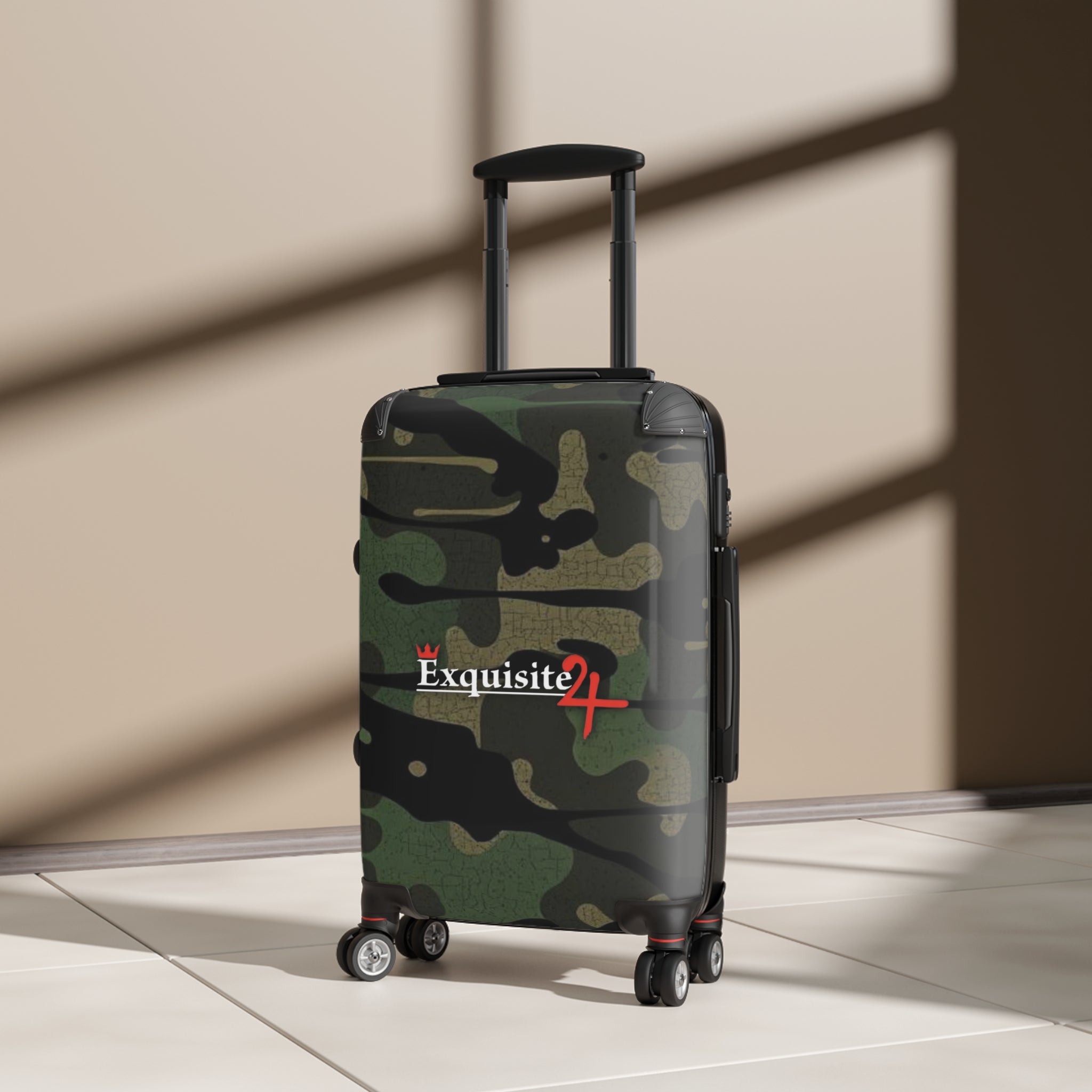 Camo Carry-On Suitcase with "Exquisite 24" Logo – Compact Spinner Luggage