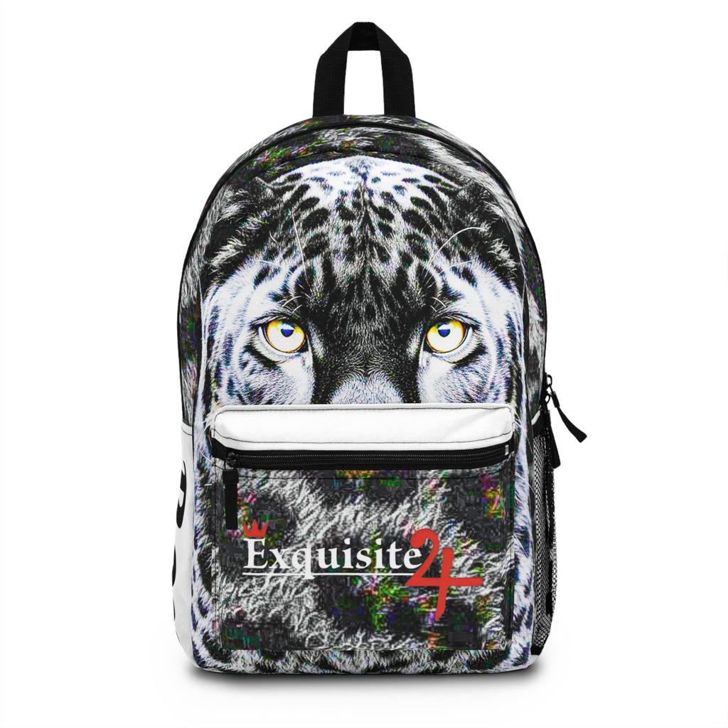 Snow Leopard Print Backpack with 'Exquisite 24' Logo & Personalized Side Name