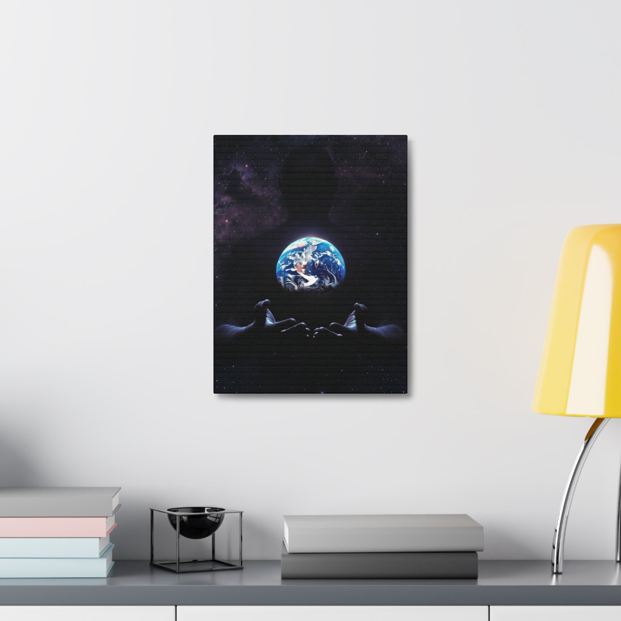 Galaxy Hands Stretched Canvas – Earth in Palm Wall Art