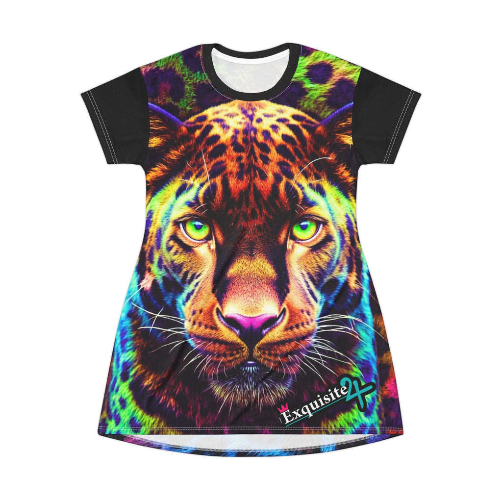 Neon Leopard All-Over Print T-Shirt Dress — Vibrant Leopard Graphic