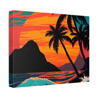 Tropical Sunset Canvas Wall Art — Palm Trees and Ocean Waves Stretched Canvas