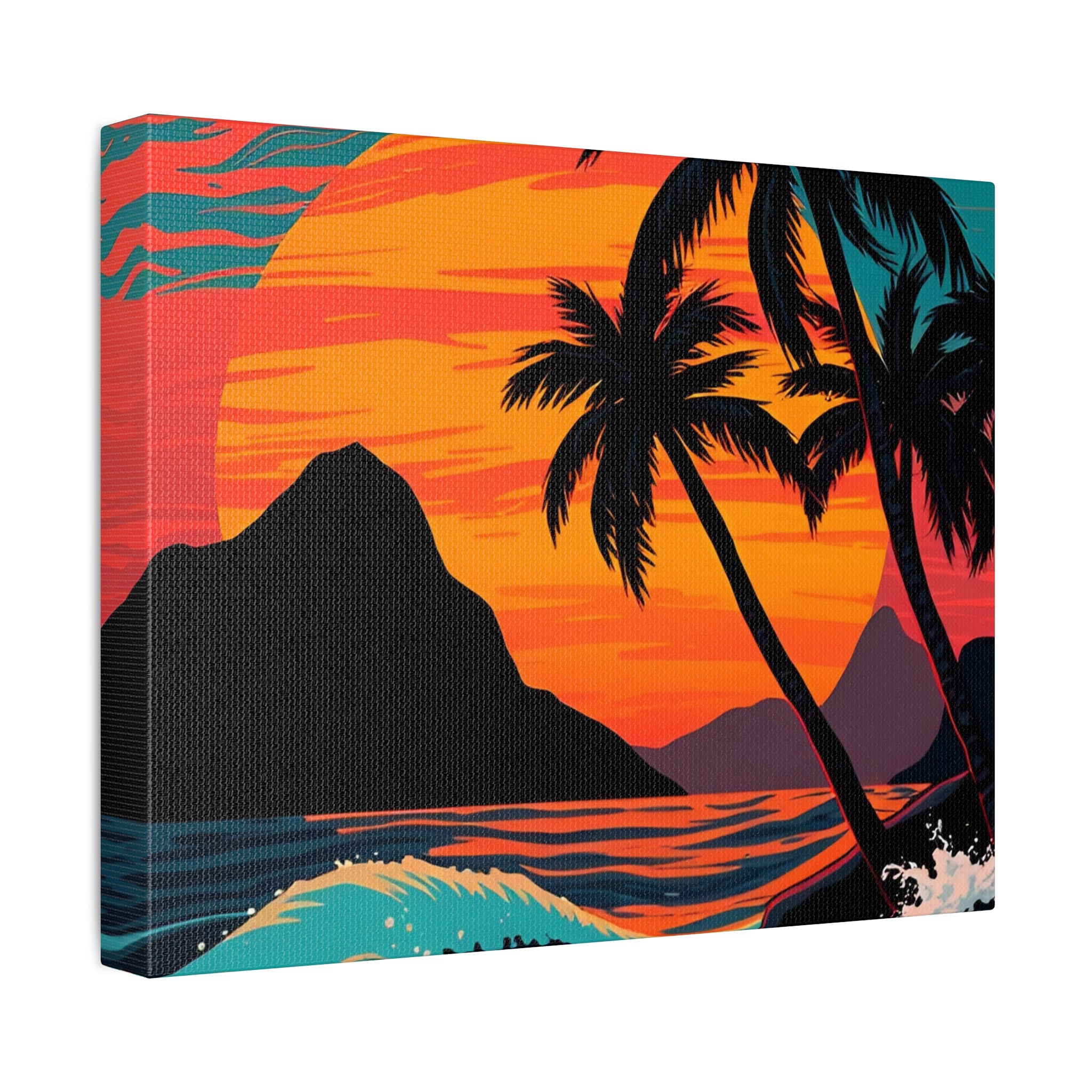 Tropical Sunset Canvas Wall Art — Palm Trees and Ocean Waves Stretched Canvas
