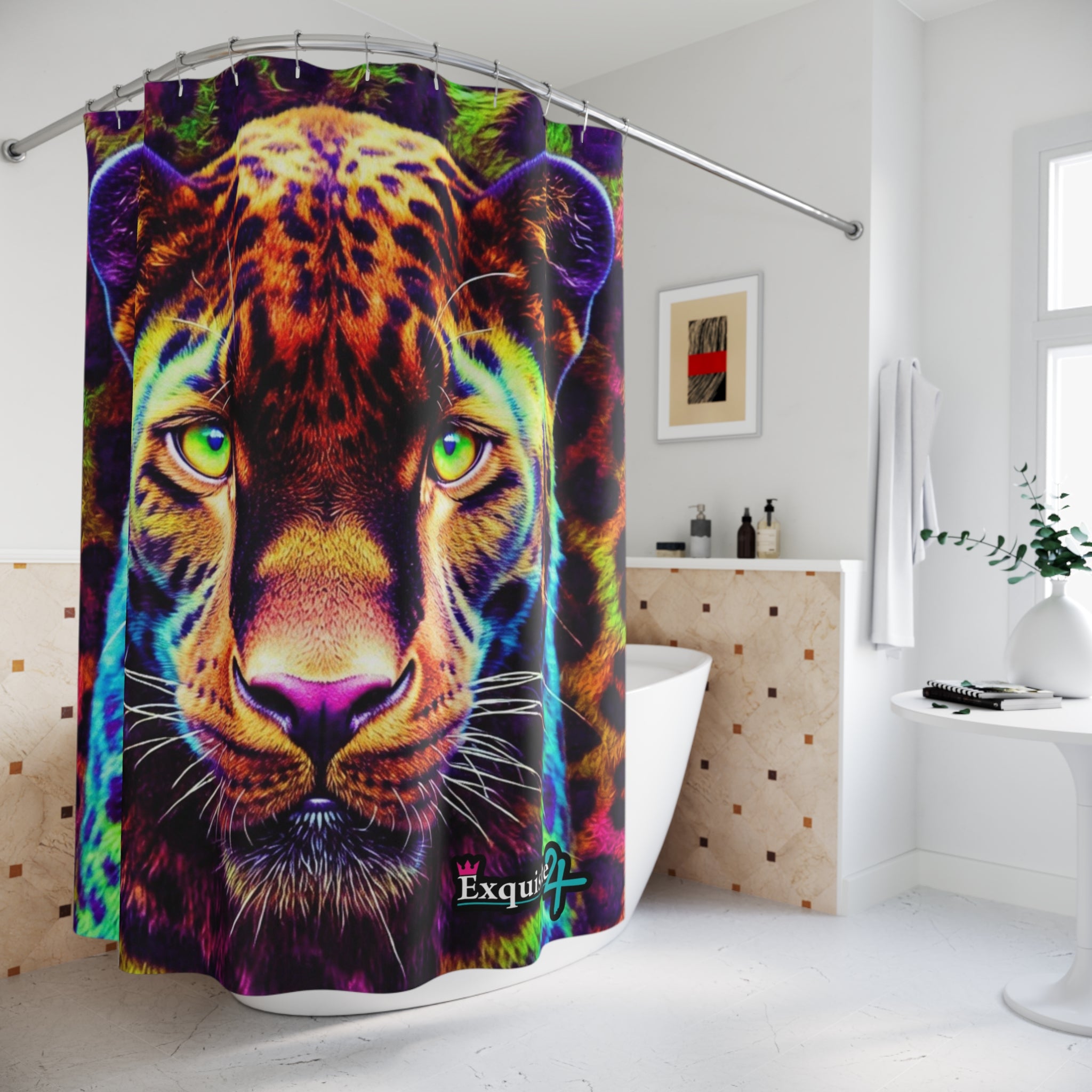 Leopard Gaze Shower Curtain — Vibrant Neon Jungle Tiger Bathroom Decor