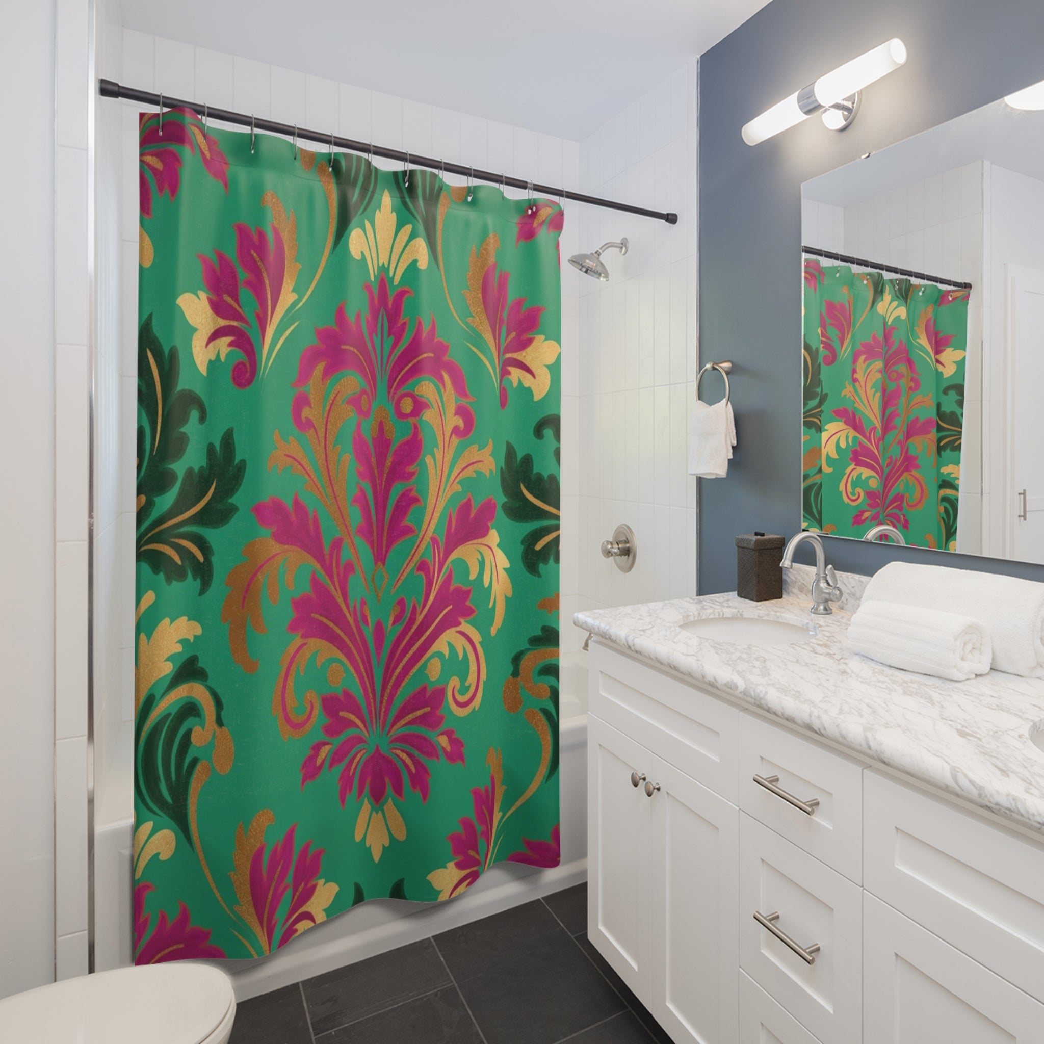 Damask Shower Curtain — Teal, Fuchsia & Gold Vintage Floral Bath Décor