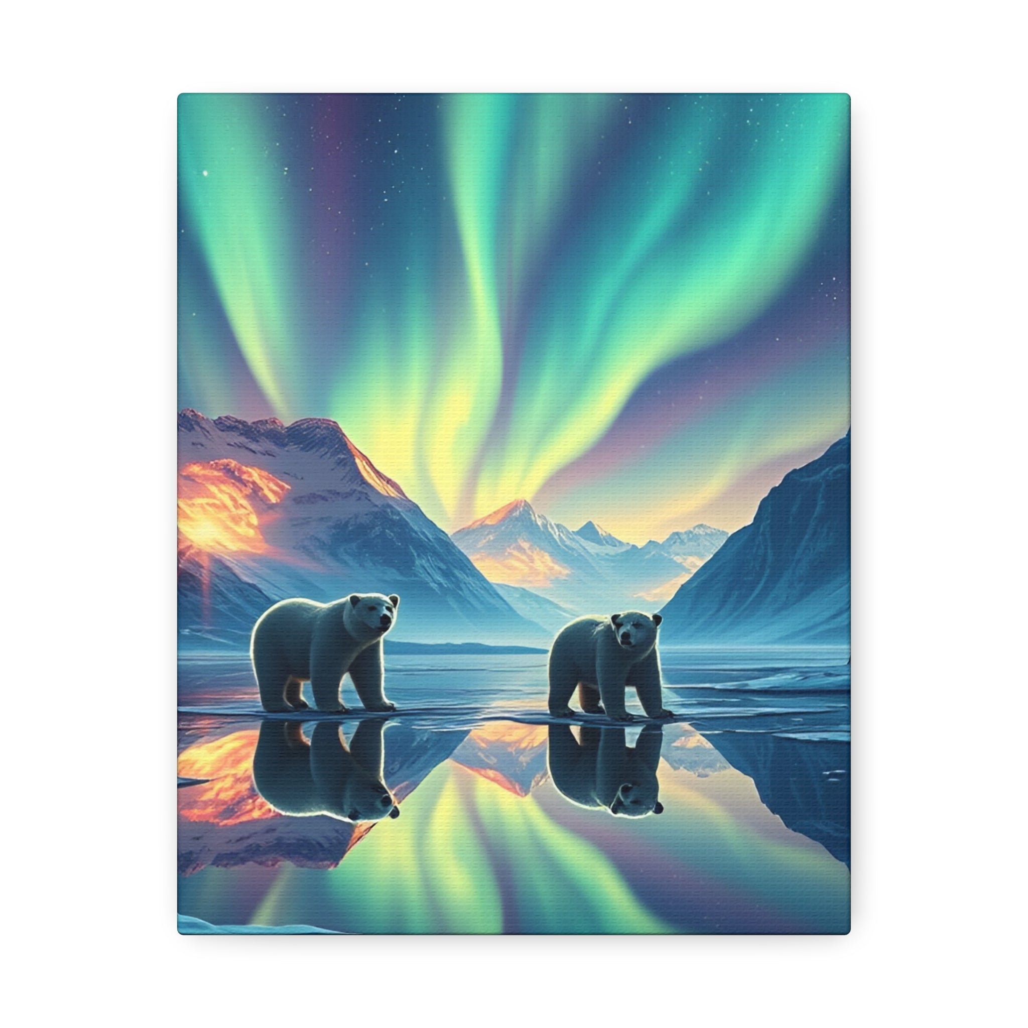 Aurora Polar Bears Stretched Canvas - Northern Lights Wildlife Wall Art
