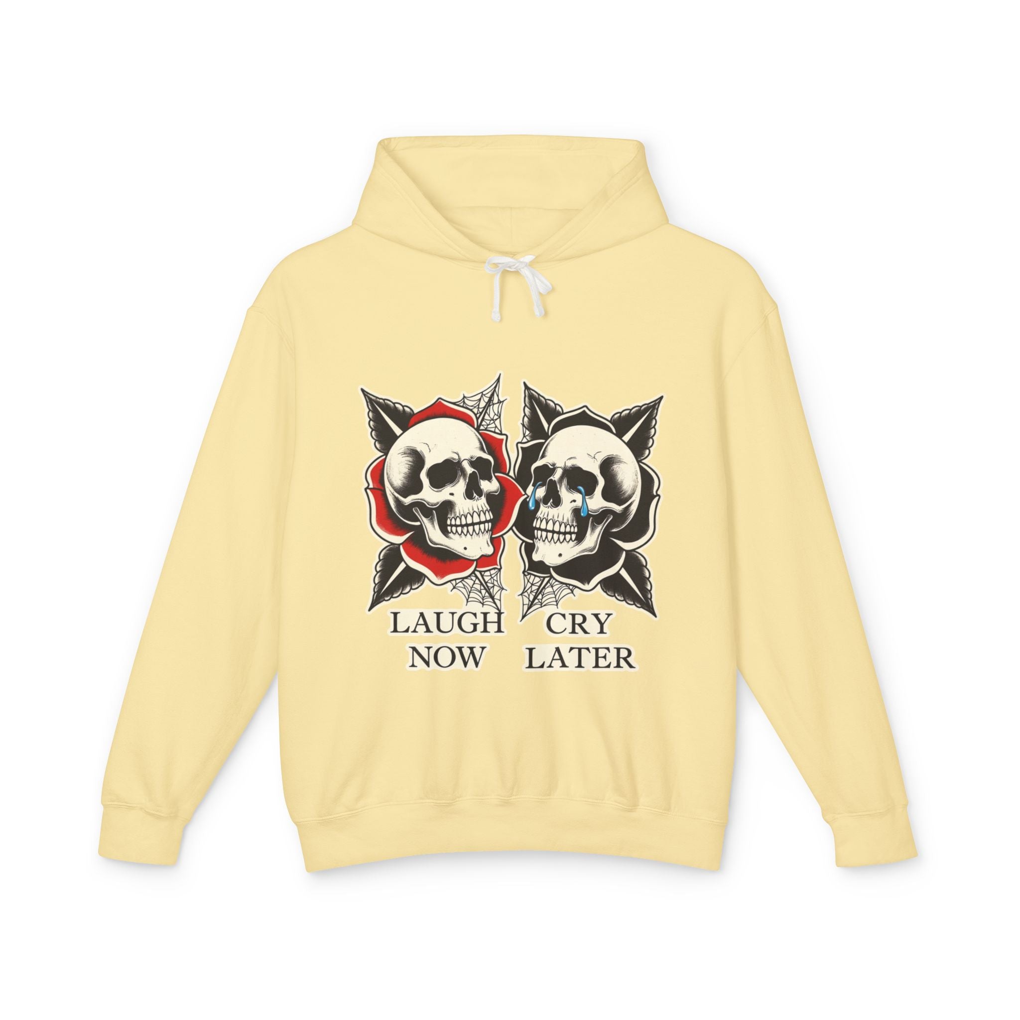 Laugh Now Cry Later Skull Hoodie — Vintage Expressive Skull Hooded Sweatshirt