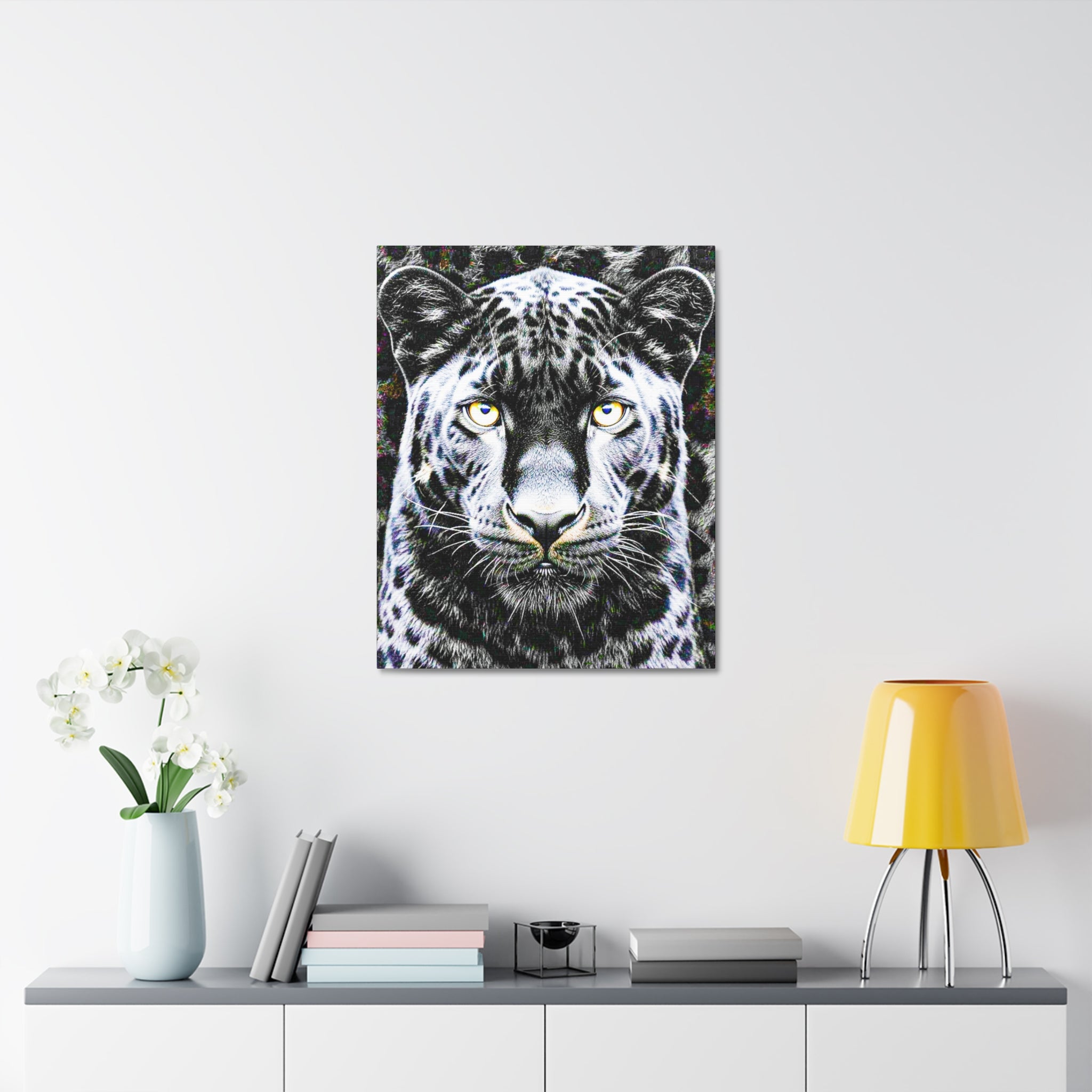 Leopard Portrait Stretched Canvas — Snow Leopard Wall Art with Yellow Eyes