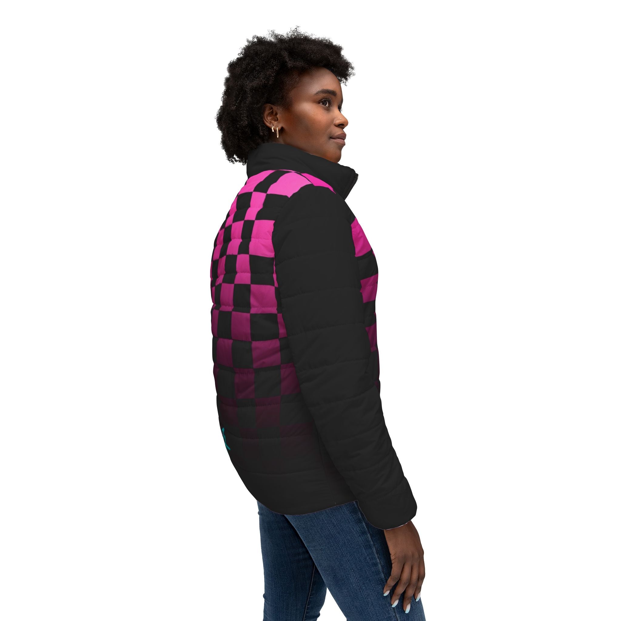 Pink Gradient Checkerboard Puffer Jacket