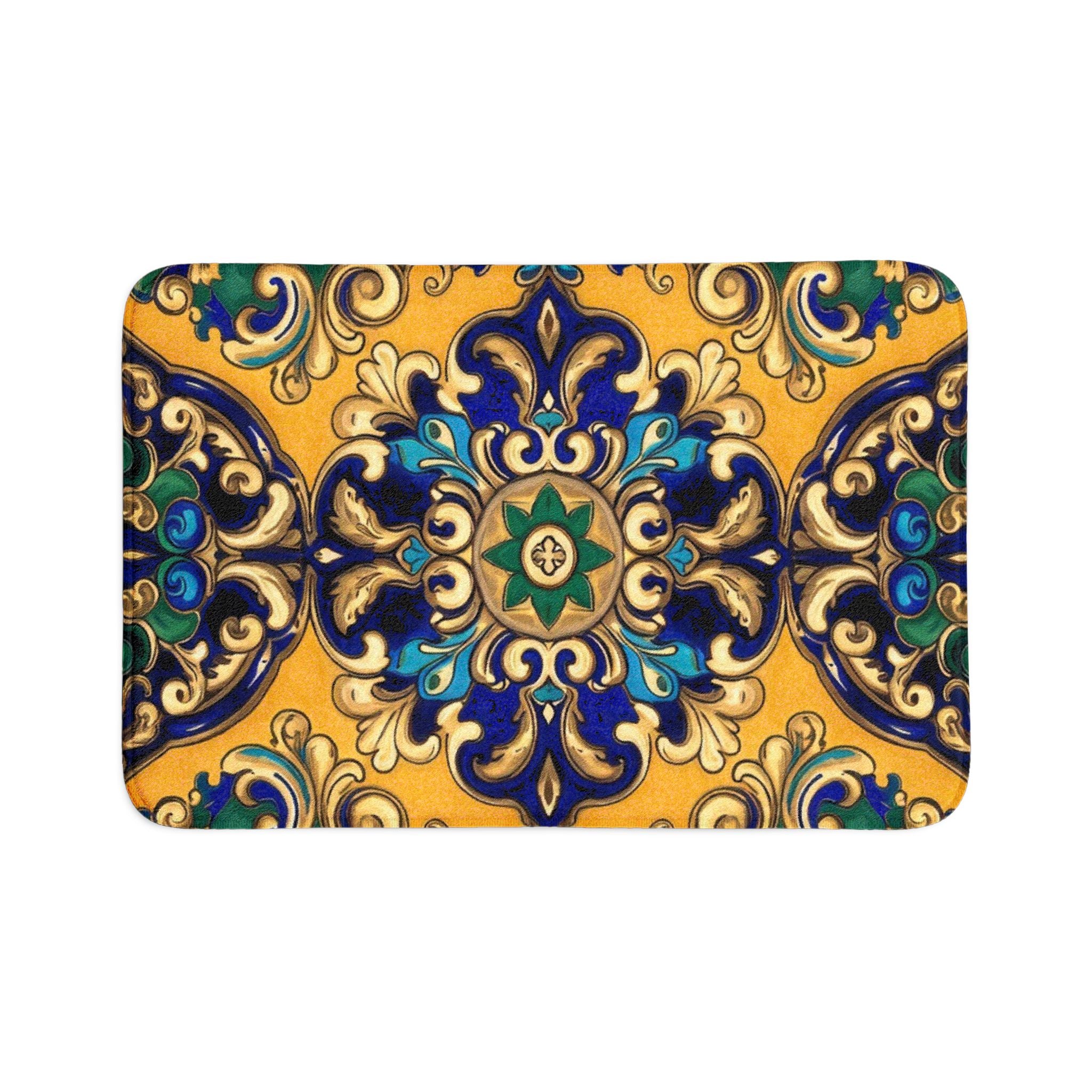 Mediterranean Tile Toilet Seat & Rug Set — 3-Piece Bathroom Decor
