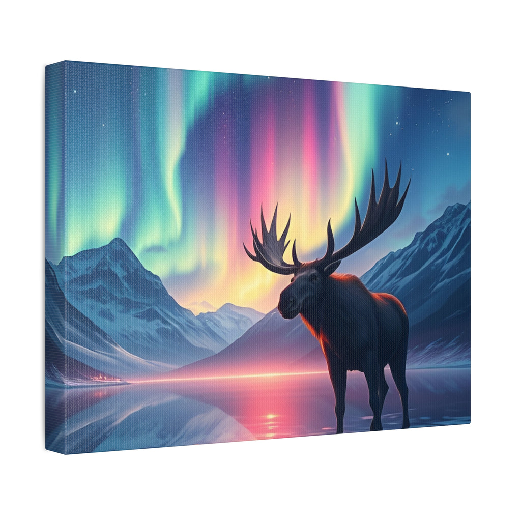 Aurora Moose Stretched Canvas – Northern Lights Landscape Wall Art