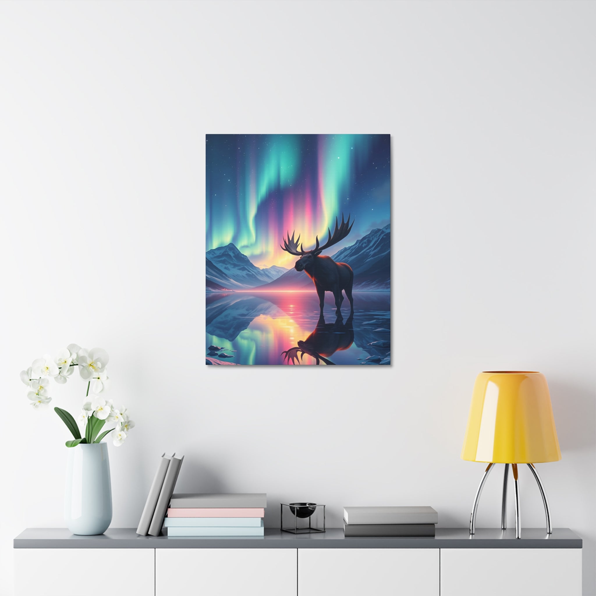 Aurora Moose Stretched Canvas – Northern Lights Landscape Wall Art