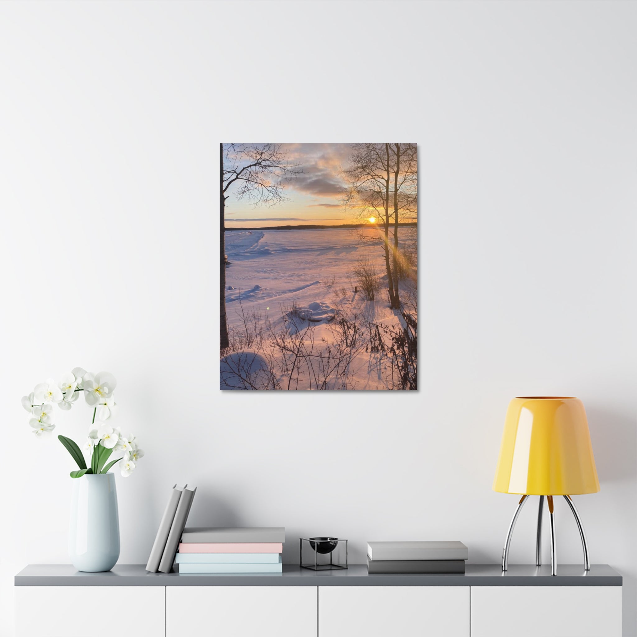 Sunset over Frozen Lake Stretched Canvas Wall Art