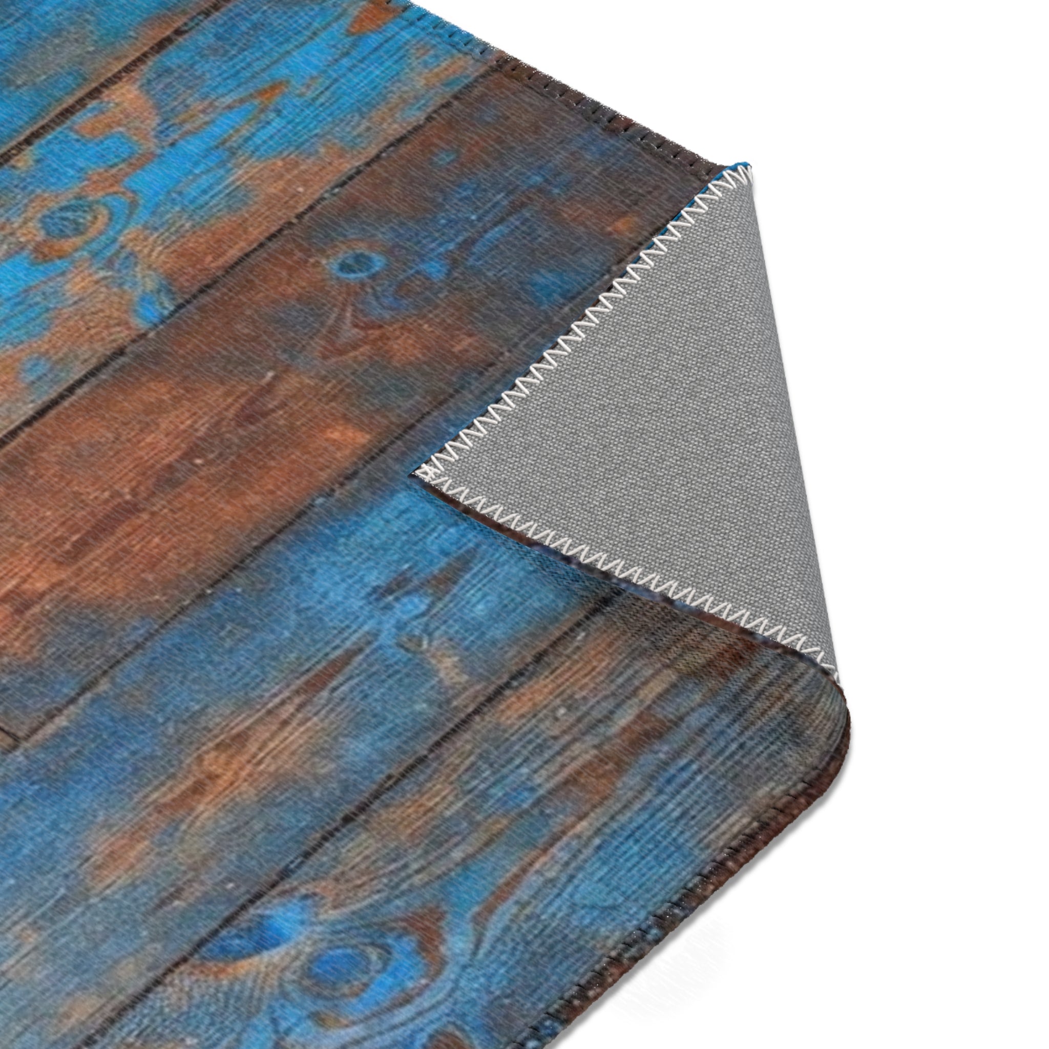 Rustic Blue Patina Wood Area Rug — Distressed Coastal Floor Decor