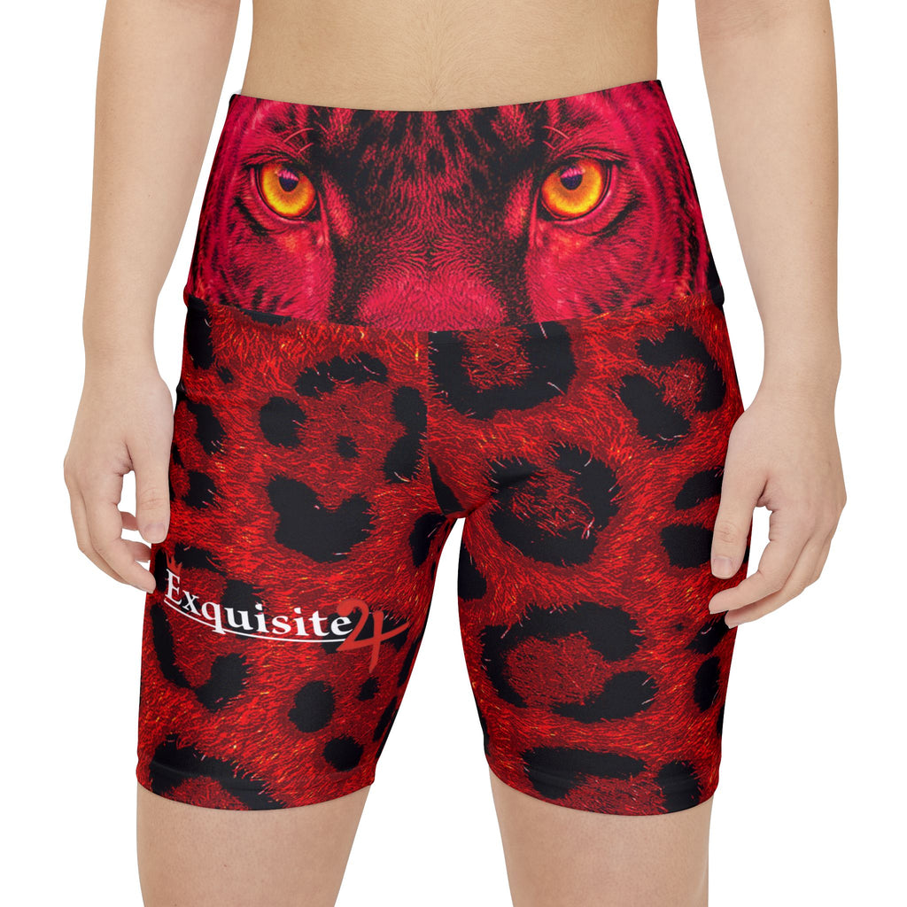 Red Leopard Print Workout Shorts — Women's Athletic Biker Shorts