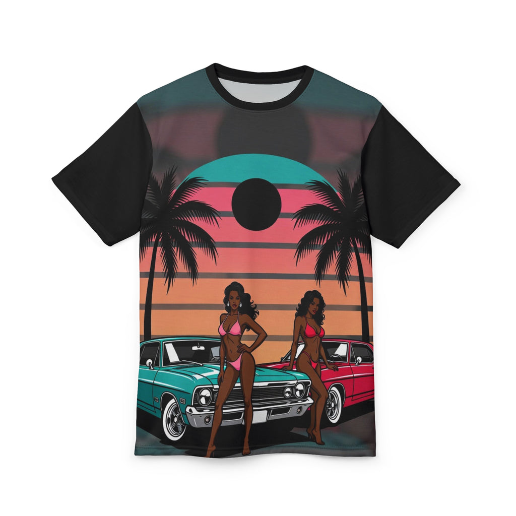 Retro Beach Pinup Tee — Vintage Cars, Palm Trees & Sunset Vibes