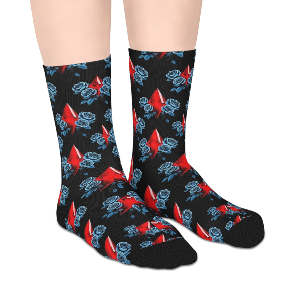 Mid-Length Socks — Red Diamond & Blue Roses Patterned Crew Socks