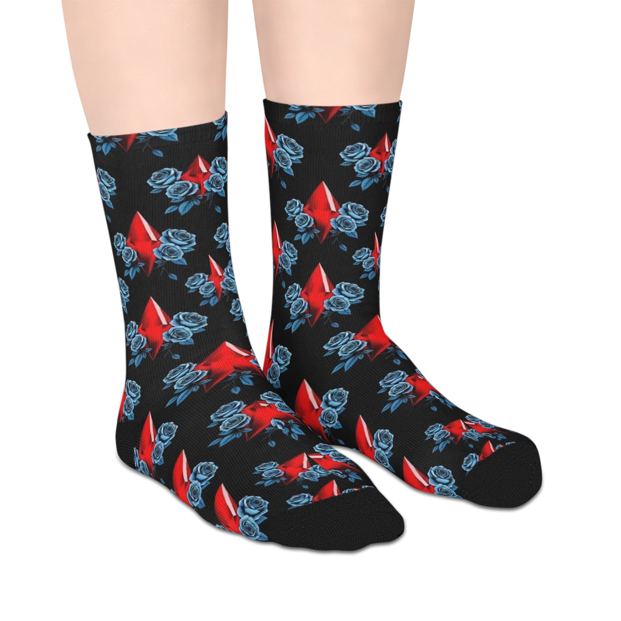 Mid-Length Socks — Red Diamond & Blue Roses Patterned Crew Socks
