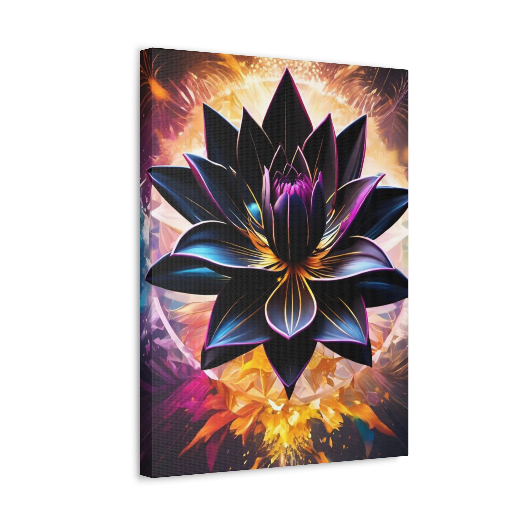 Black Lotus Bloom Canvas Wall Art - Vibrant Black & Gold Floral Stretched Canvas
