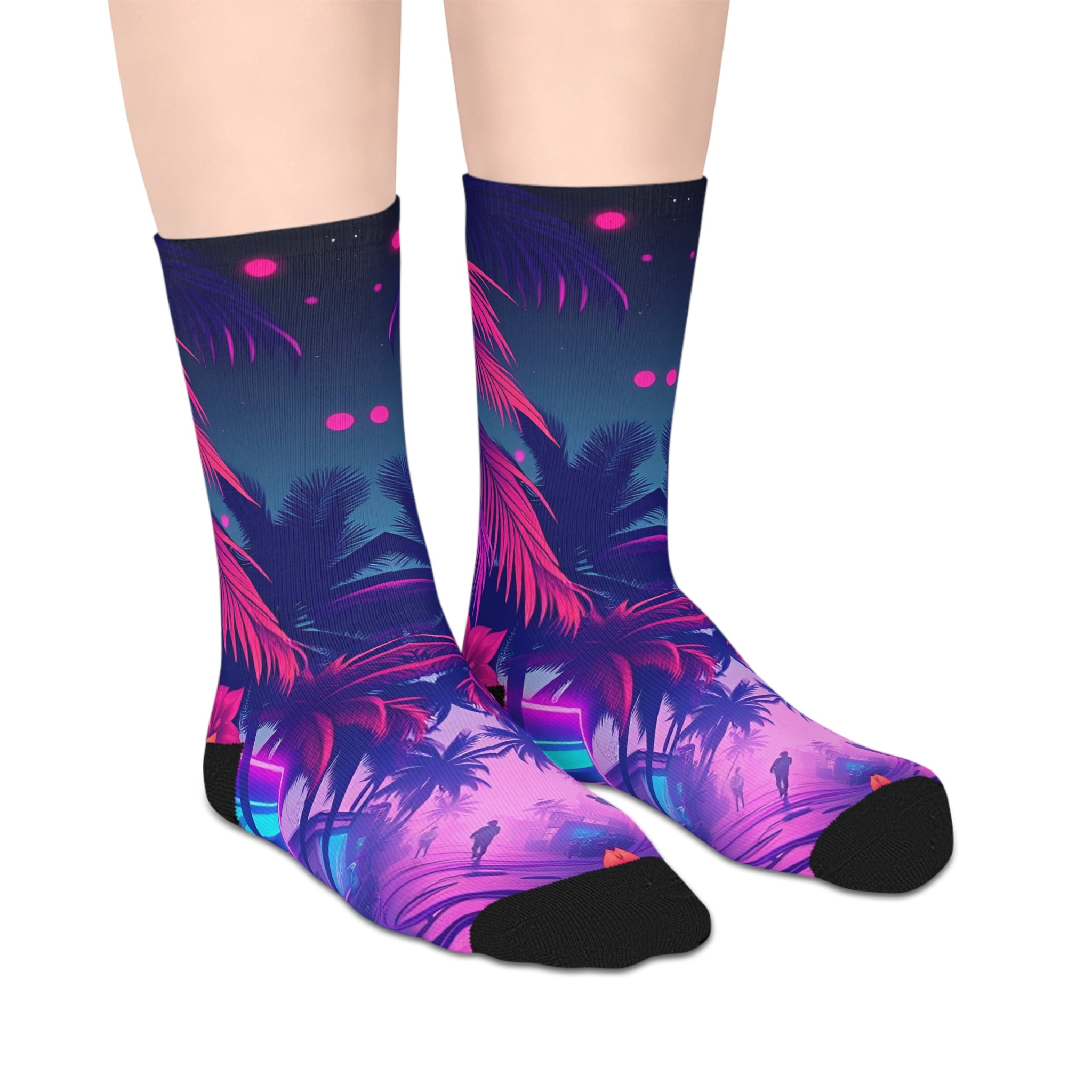 Psychedelic Neon Palm Mid‑Calf Socks — Retro Vaporwave Tropical Design