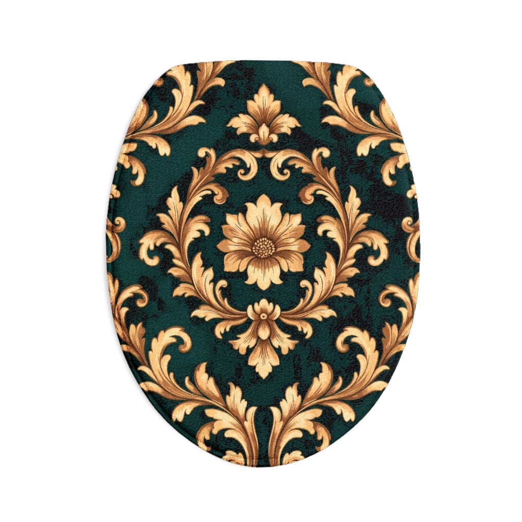 Baroque Floral Toilet 3-Piece Bath Mat Set – Emerald & Gold Ornate Design