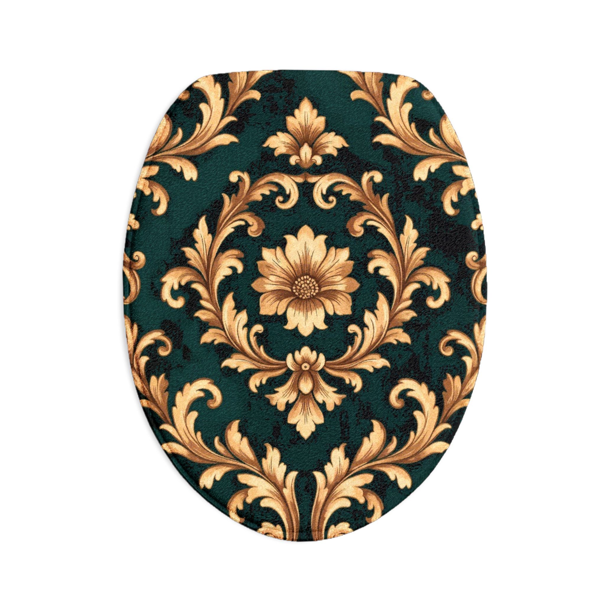 Baroque Floral Toilet 3-Piece Bath Mat Set – Emerald & Gold Ornate Design