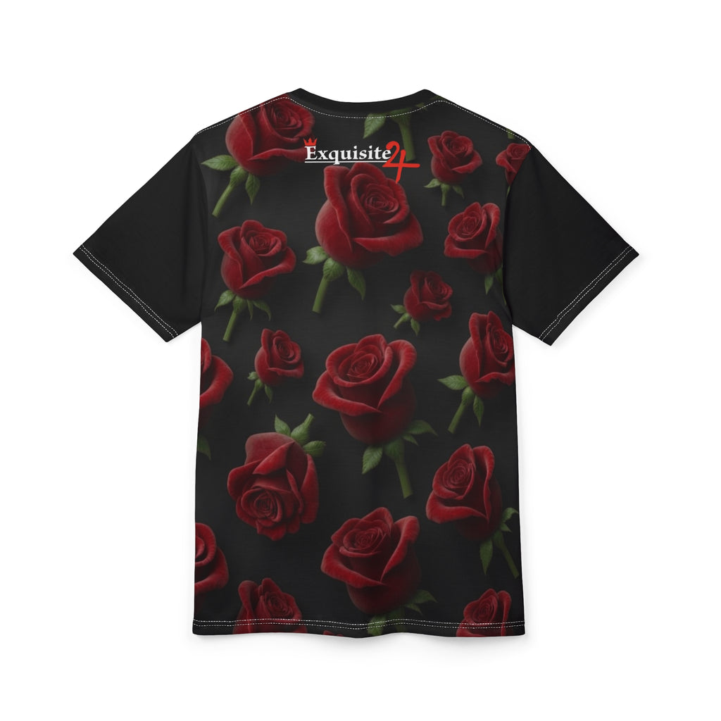 Rose Pattern Tee — Red Roses All-Over Print Black Graphic Shirt
