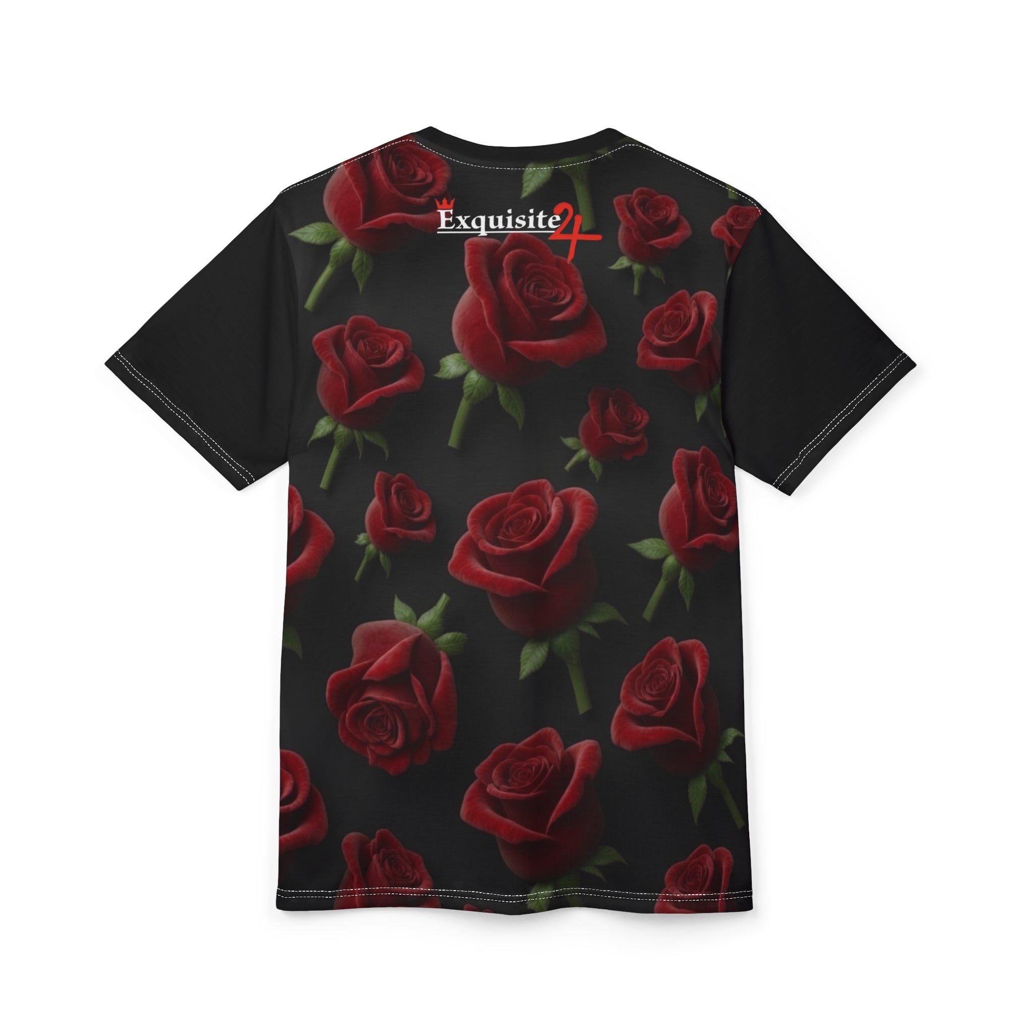 Rose Pattern Tee — Red Roses All-Over Print Black Graphic Shirt