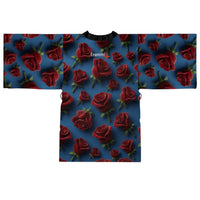Rose Pattern Kimono Robe — Red Roses on Blue All-Over Print