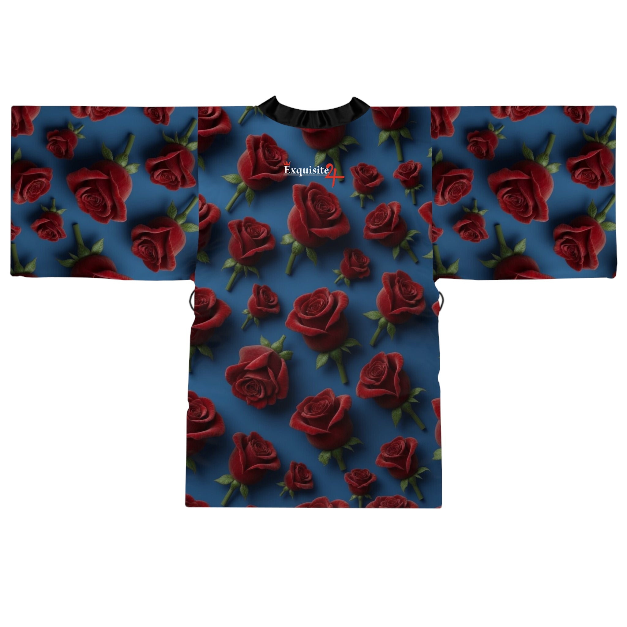 Rose Pattern Kimono Robe — Red Roses on Blue All-Over Print