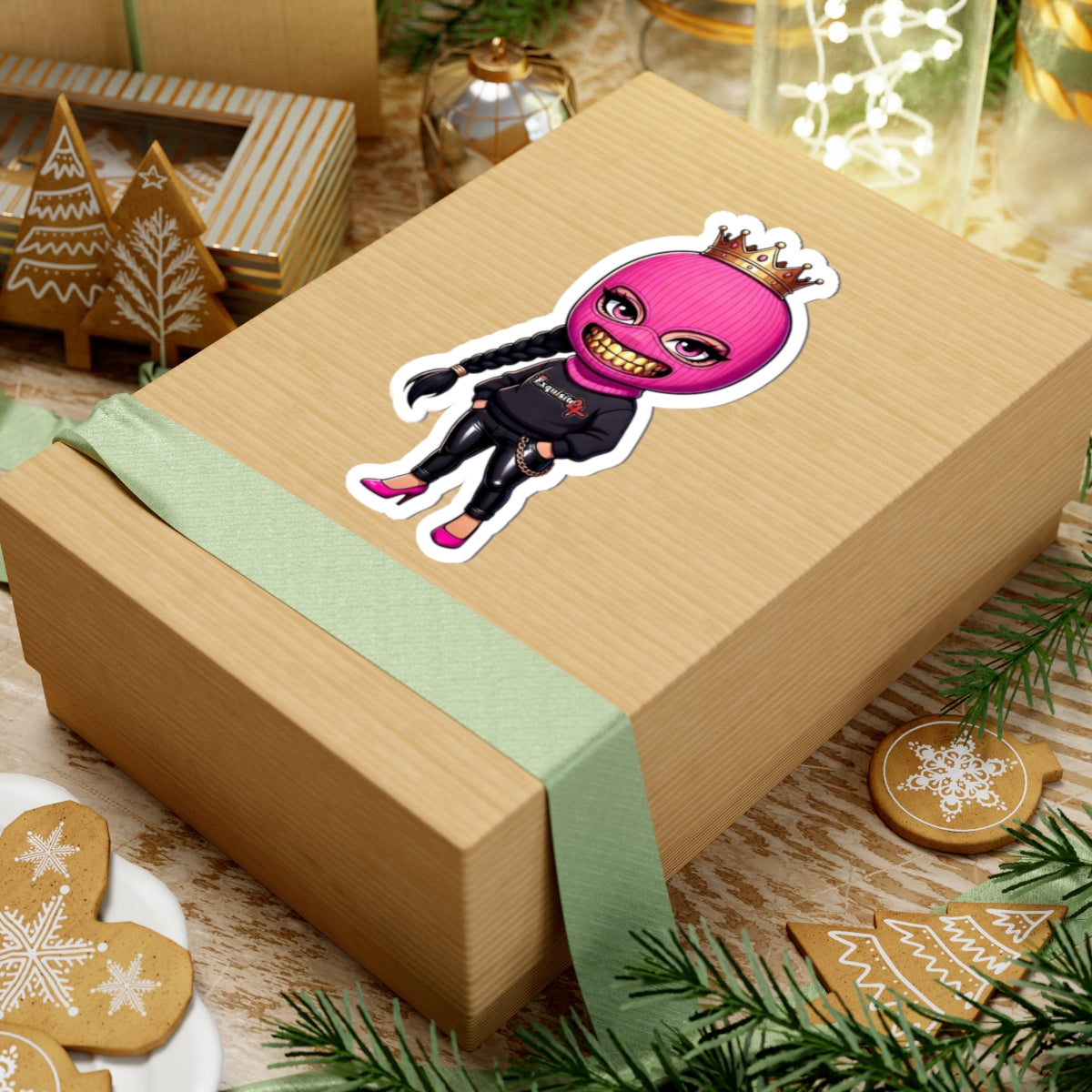 Queen Mask Sticker — Pink Balaclava Girl Kiss-Cut Decal