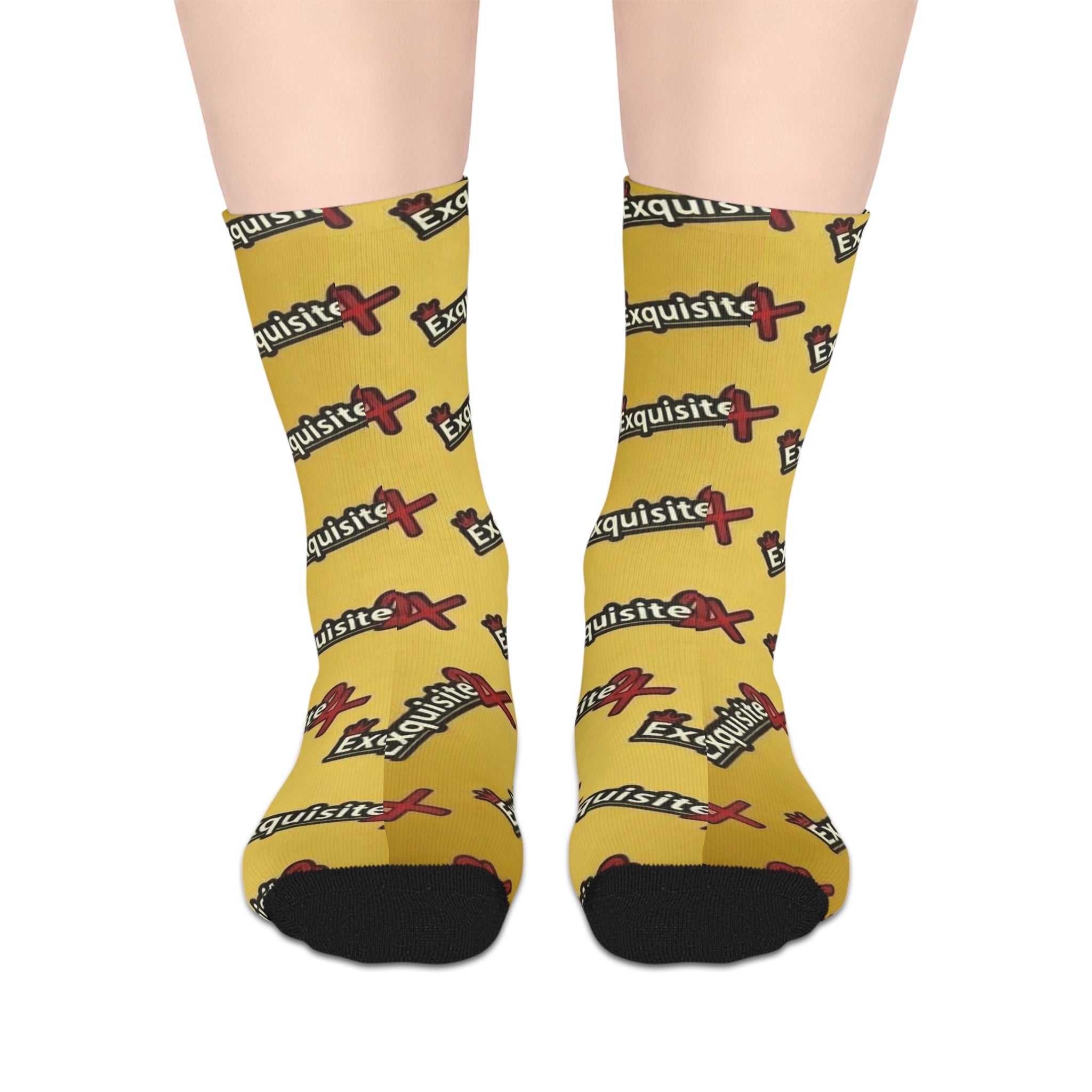 Exquisite 24 Logo Gold Mid-Length Socks — Bold Retro Brand Pattern