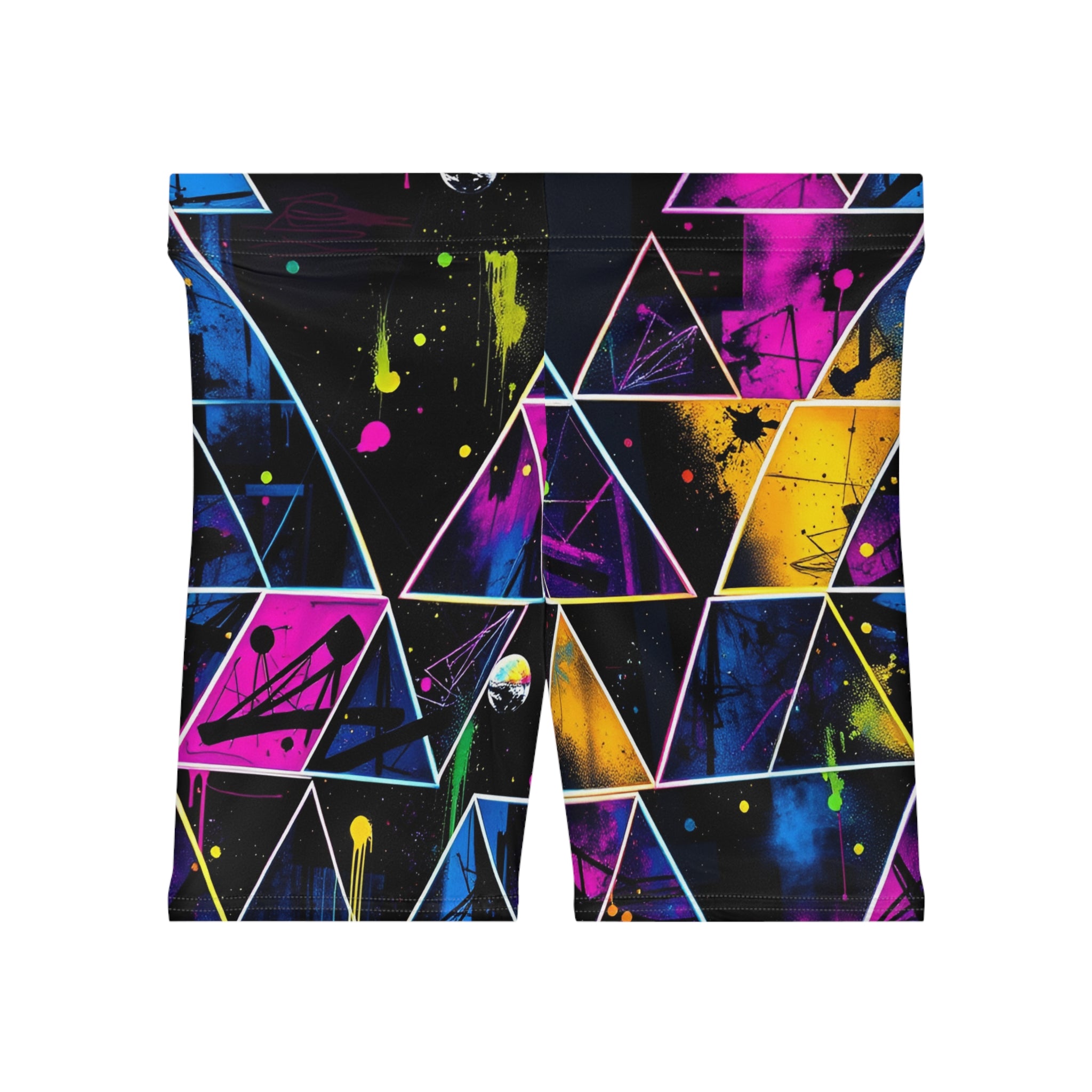 Neon Geometric Biker Shorts — Women's Abstract Triangle Print