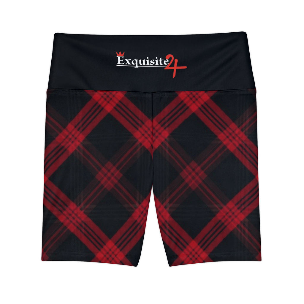 Red Black Plaid Women's Workout Shorts with Logo Waistband