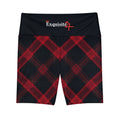 Red Black Plaid Women's Workout Shorts with Logo Waistband