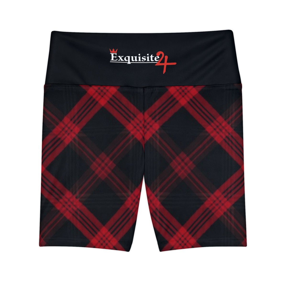 Red Black Plaid Women's Workout Shorts with Logo Waistband
