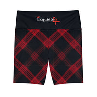 Red Black Plaid Women's Workout Shorts with Logo Waistband