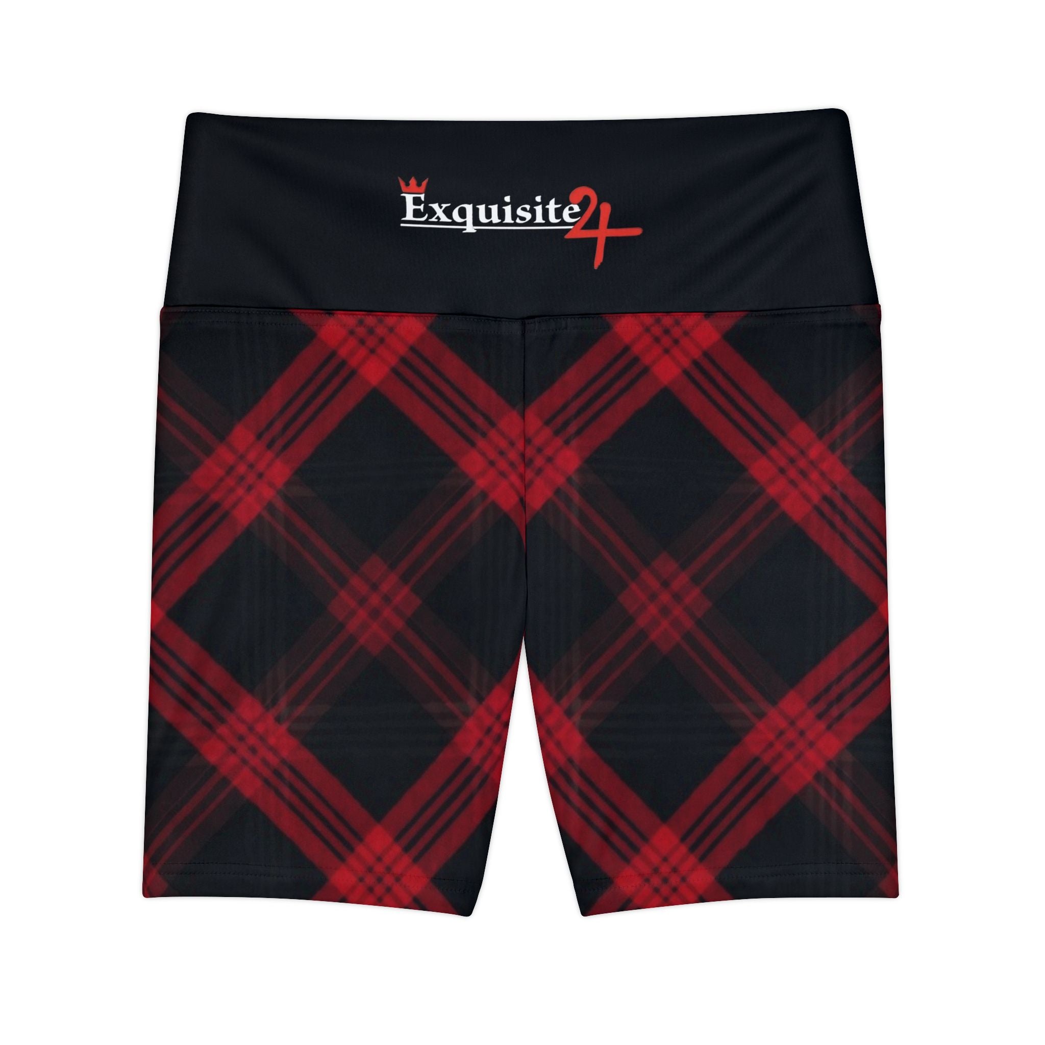 Red Black Plaid Women's Workout Shorts with Logo Waistband