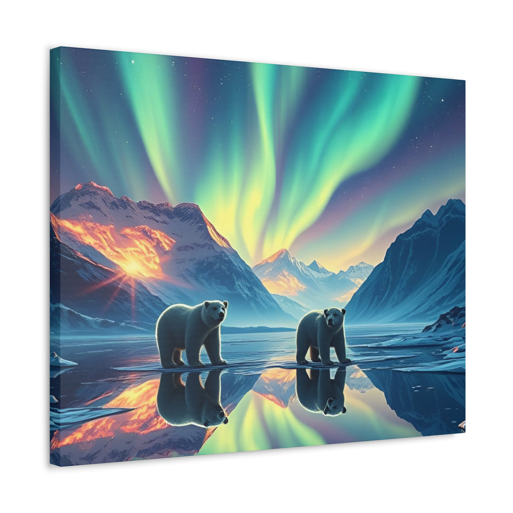 Aurora Polar Bears Stretched Canvas - Northern Lights Wildlife Wall Art