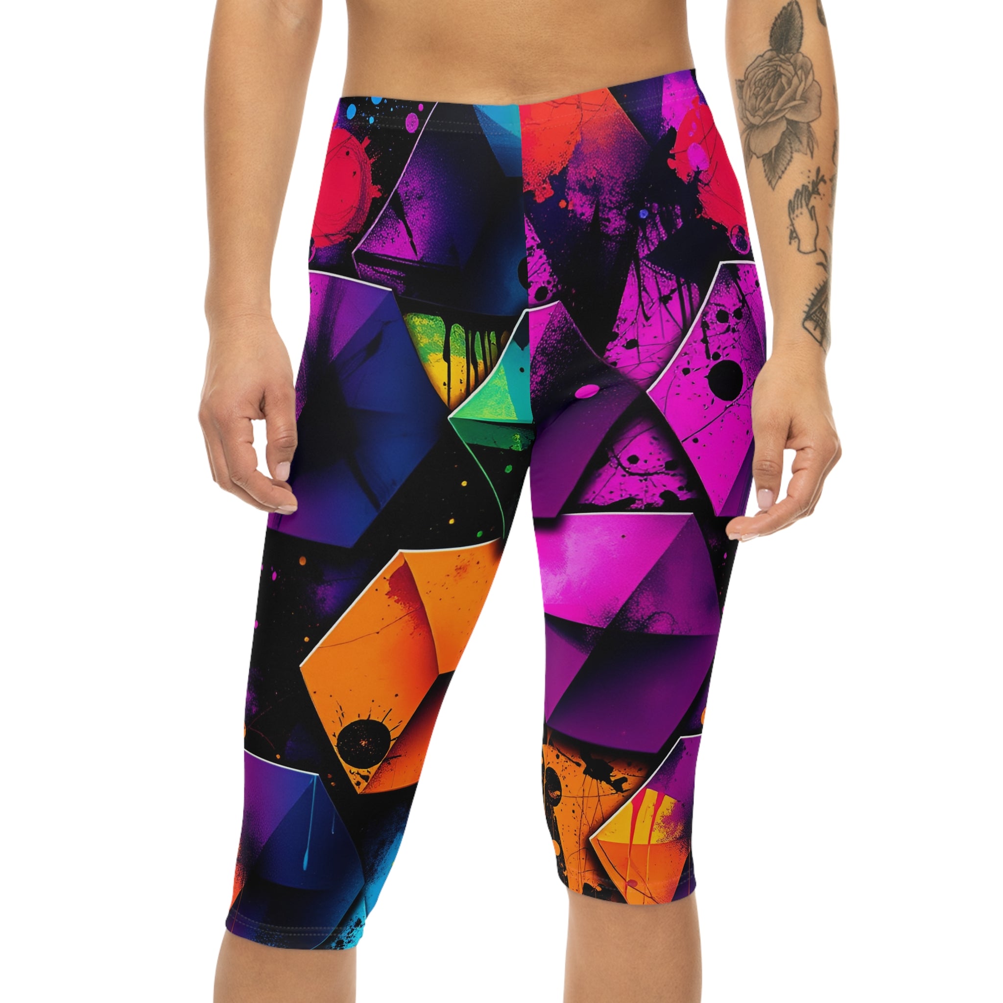 Neon Geometric Capri Leggings — Vibrant Abstract 80s Retro Fitness Crop