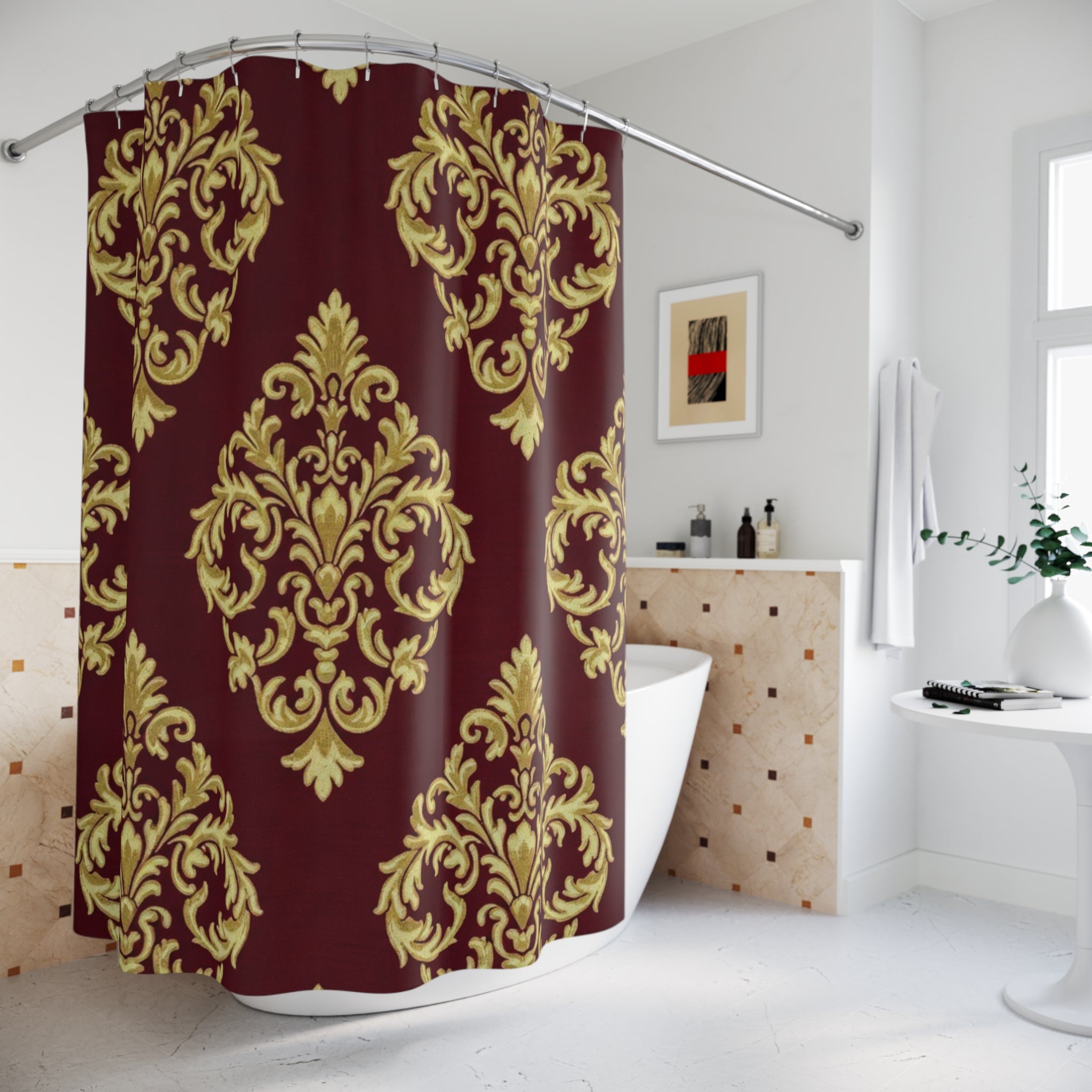 Baroque Damask Shower Curtain — Burgundy & Gold Elegant Bathroom Decor