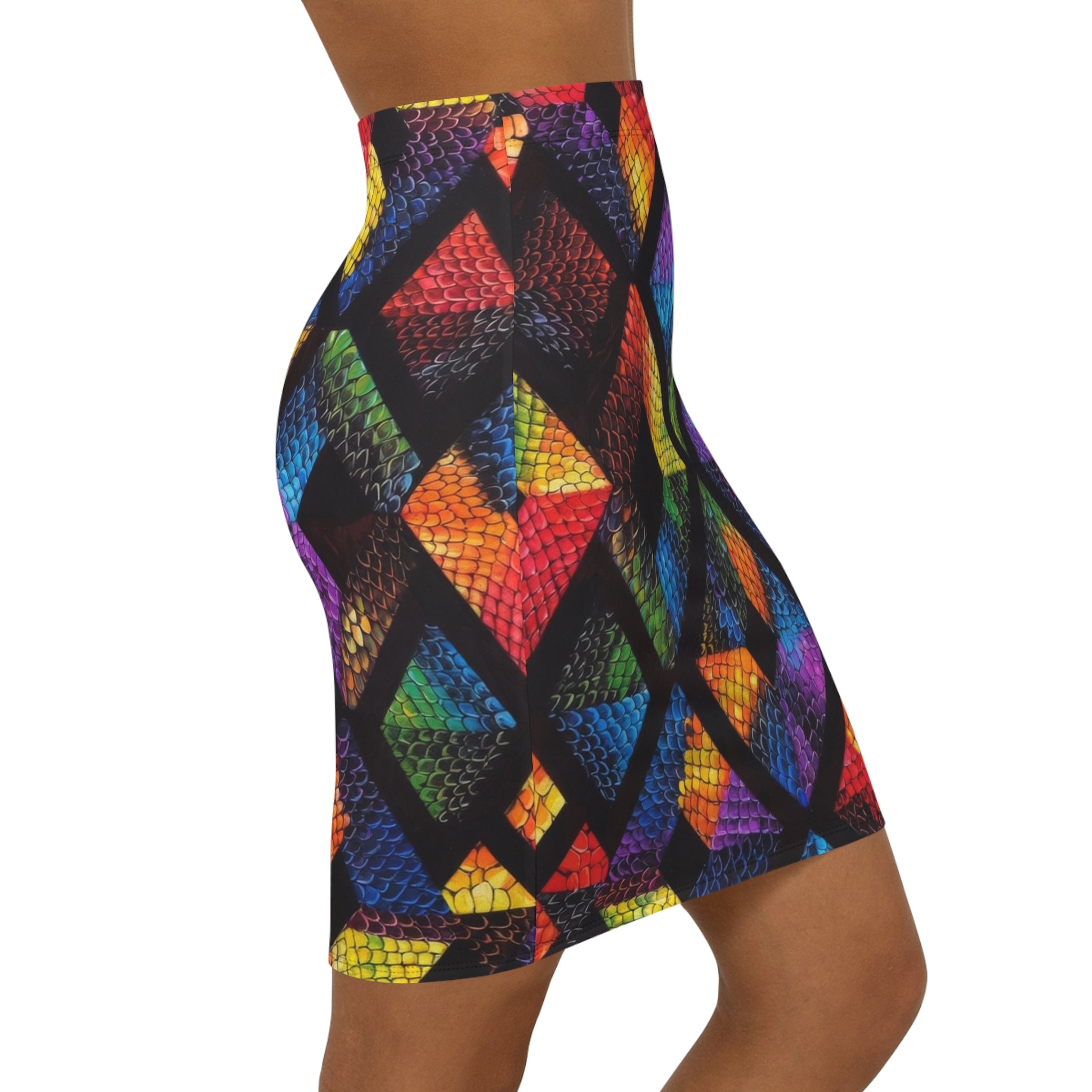 Rainbow Geometric Snake-Print Pencil Skirt