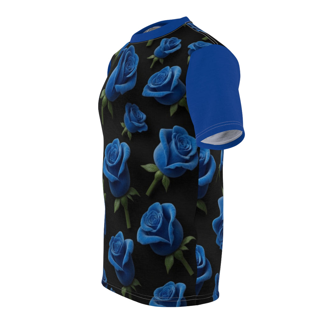 Blue Rose All-Over Print Tee — Floral Black Graphic Shirt